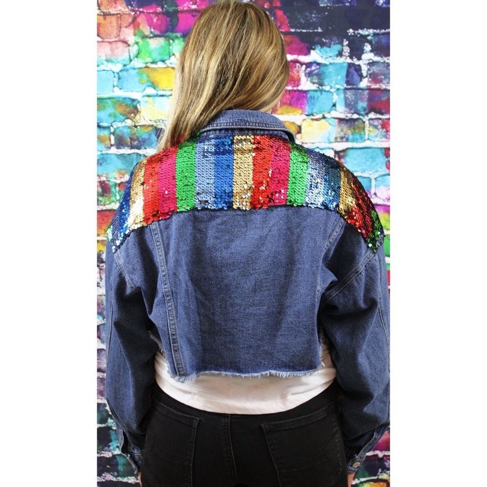 Rainbow Sequin Cropped Denim Jacket